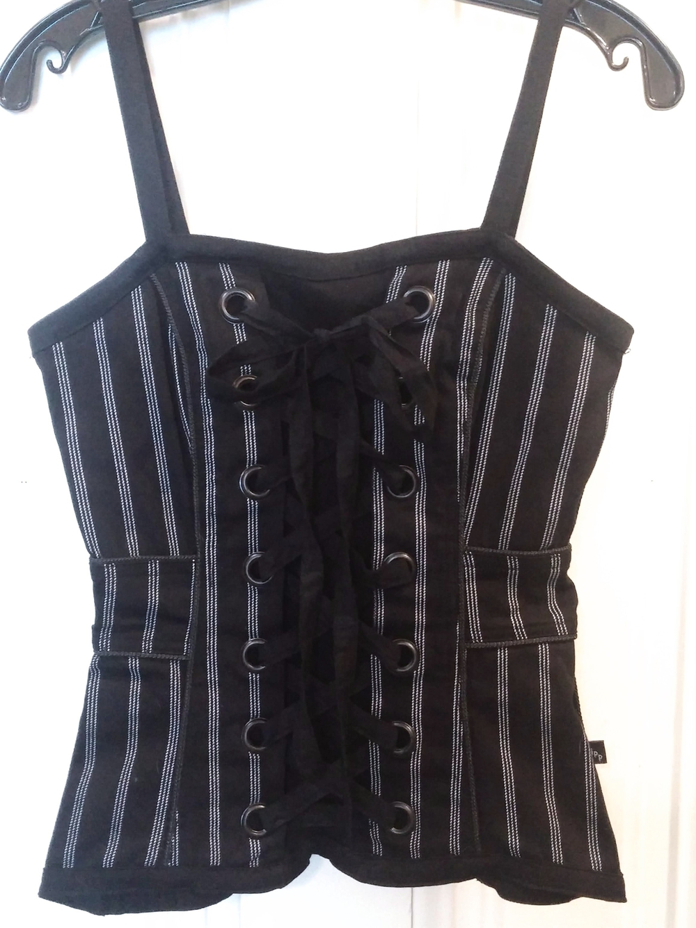 RARE Vintage TRIPP NYC mall goth black pinstripe punk rock corset top Y2K